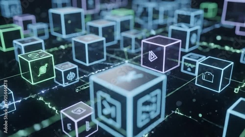Interconnected glowing cubes with symbols, tech grid