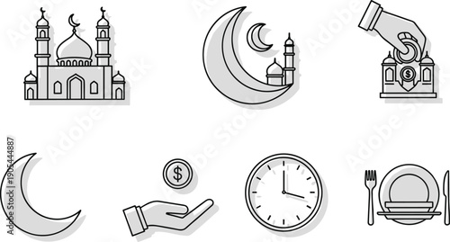 Ramadan icon set illustration, mosque crescent moon star, charity donation artwork, fasting iftar meal vector, eid celebration design, islamic culture graphic