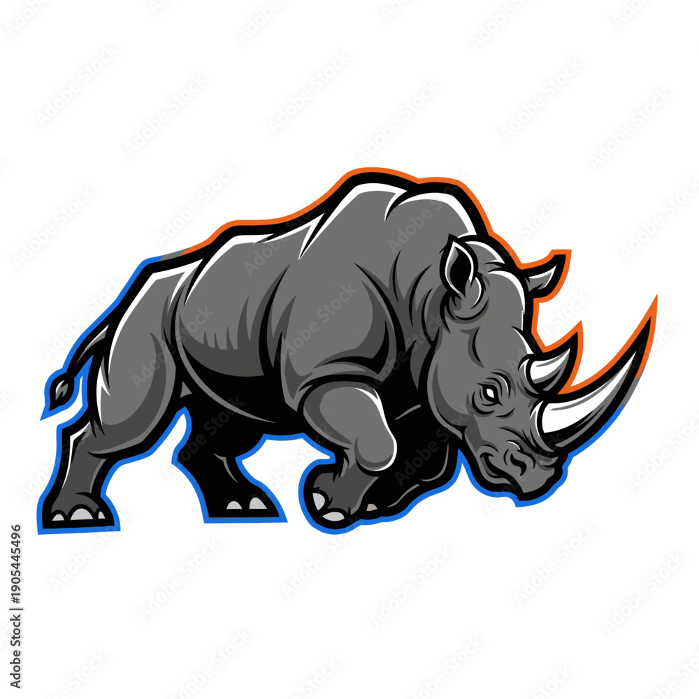 Fototapeta premium Strong rhinoceros illustration with orange horn and blue outline on white background.