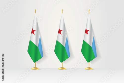 Three Djibouti flags in a row on a golden stand, illustration of a press conference and other meetings