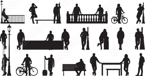 Silhouettes of people in various urban settings and activities