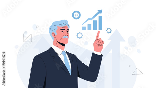 Mature businessman pointing at growing financial chart, business success concept
