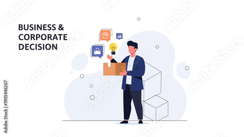 Businessman holding box, idea lightbulb, lock icon, decision making, corporate strategy