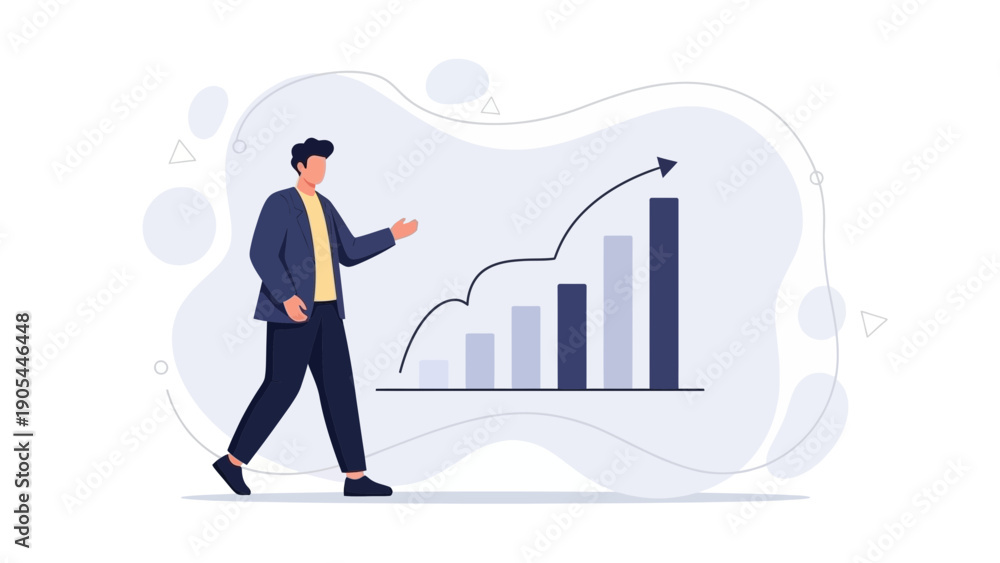 Fototapeta premium Man presenting growing business graph with rising arrow, success concept