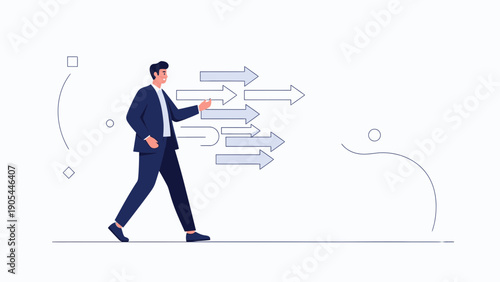 Businessman leading group of arrows forward, concept of direction and leadership
