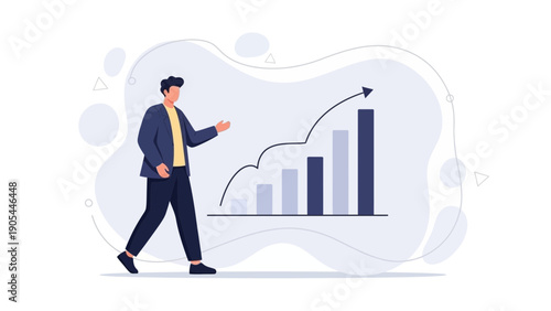 Man presenting growing business graph with rising arrow, success concept