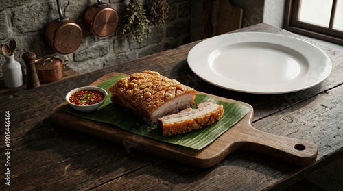 Wallpaper Mural Premium Food Photography for Advertising Crispy Roasted Pork Belly on Cutting Board with Sauce and Plate Torontodigital.ca