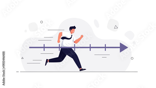 Businessman running fast along timeline arrow, concept of speed and efficiency