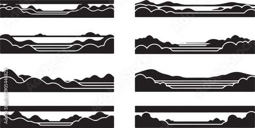 Collection of abstract mountain landscape silhouettes in black and white