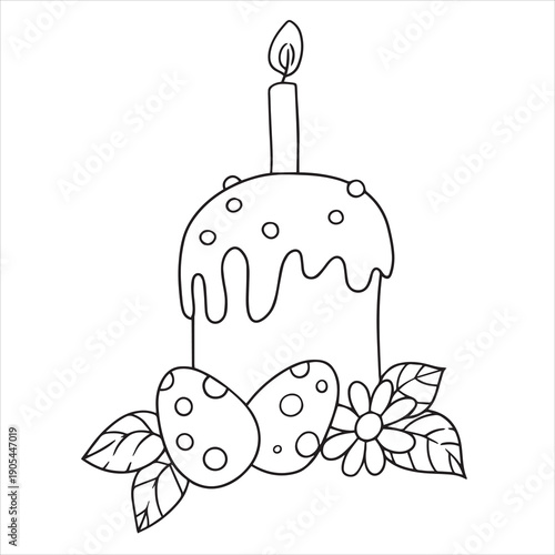 Cute coloring page with Easter eggs and Easter cake. Vector cartoon illustration.