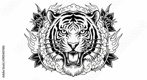 Fierce Tiger Head Roaring with Intricate Floral and Cloud Details.