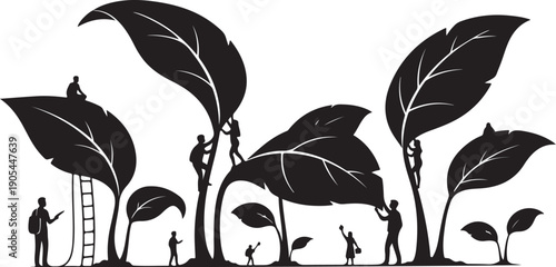 Silhouette of people growing and nurturing large plants together