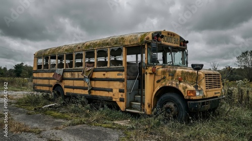 Dilapidated School Bus Abandoned in Overgrown Field