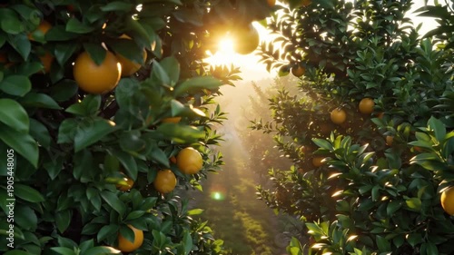 realistic cinematic 4K drone video, aerial tracking dense citrus grove oranges lemons, early morning sun flare piercing leaves, sparkling dewdrops on vibrant green foliage mist hovering ground, warm