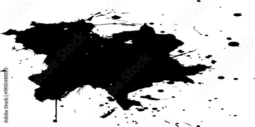A grunge black ink splat and blot design featuring artistic paint splashes, vector splatters, and liquid spray textures as a dirty brush stroke illustration element