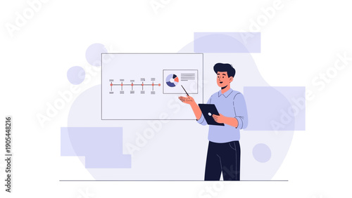 Man presenting data on screen with tablet, business meeting, charts and graphs