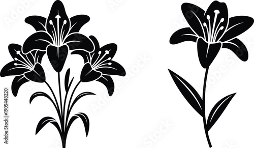 Black lily flower silhouettes with detailed petals, stamens, and leaves on white background, showcasing floral bouquet design, botanical illustration, decorative art, and nature-inspired concepts