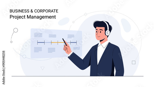 Man in suit with headphones presenting project management timeline on screen