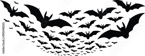 Flying bat silhouette swarm collection isolated on white background showing spooky halloween wildlife mammals in motion, vector illustration set for logo, decoration, branding design