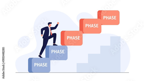 Businessman climbing stairs with phase blocks, concept of progress and success