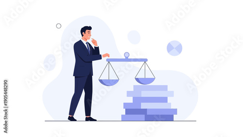 Businessman contemplating justice scales and legal documents, symbolizing decision making