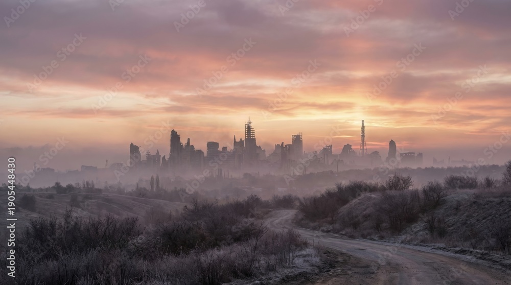 Naklejka premium Distant Silhouette of a Destroyed City Skyline at Dawn