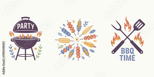 BBQ Party Time Vector Set with Portable Charcoal Grill and Fire Flame, Hand Drawn Barbecue Food, Meat Kebab or Shashlik, Vegetable Skewers, Barbecue Fork and Spatula