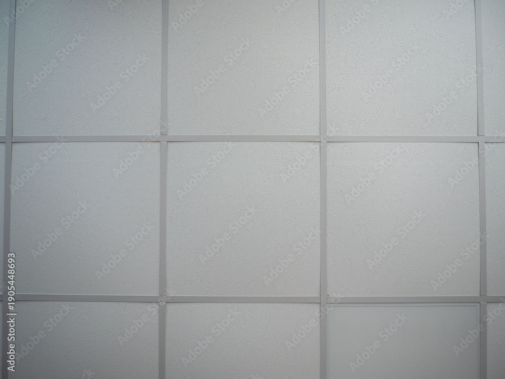 Obraz premium Suspended cassette ceiling with square acoustic panels and metal grid in a modern interior, clean geometric pattern and neutral surface texture. 