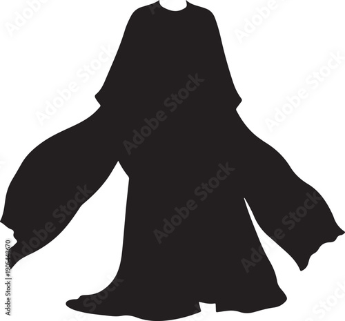 Pure black silhouette of a modern abaya with flowing fabric