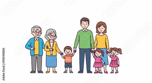 Happy multi generational family standing together holding hands smiling.