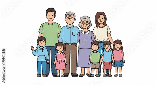 Happy multi-generational family portrait showing three generations standing together smiling.