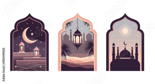 Islamic Archways with Ramadan Night Scenes.