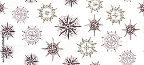 Compass pattern on white, Wind rose, hand drawn Illustration.	
