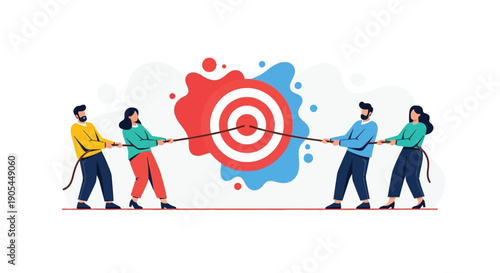 Teamwork and collaboration concept with people pulling a rope towards a target