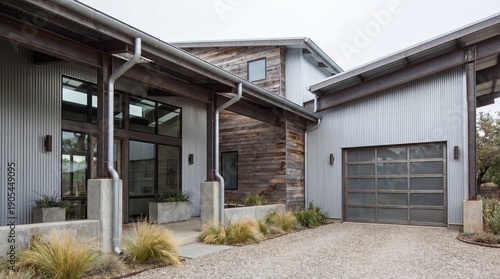 Modern industrial-style house featuring mixed materials and sleek design elements