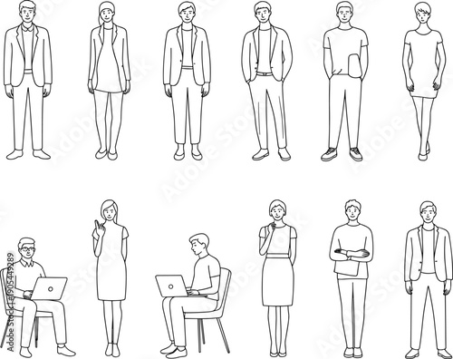 Minimal line illustration set of business people and casual characters standing and working with laptops, modern outline style figures for teamwork, office lifestyle, corporate concepts