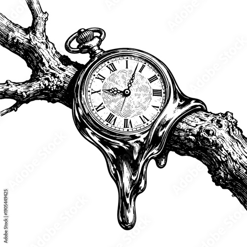 Melting pocket watch illustration, vintage etching style surrealist time concept