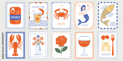 Seafood Menu Card Vector Set with Lobster, Crab, Shrimp and Fish Icons, Hand Drawn Coastal Restaurant Illustration, Wine Glass and Dinner Themed Decorative Cards
