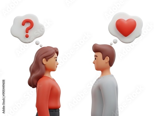 3D icon of man and woman thinking about love and questions, relationship confusion 3D valentie's