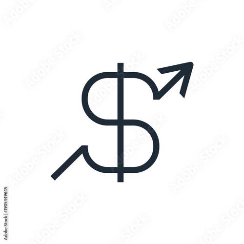 Dollar with an arrow pointing up.Vector linear icon illustration isolated on white background.