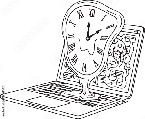 Melting Clock on Laptop Screen Symbolizing Time Pressure and Digital Workload, Deadline Stress and Procrastination