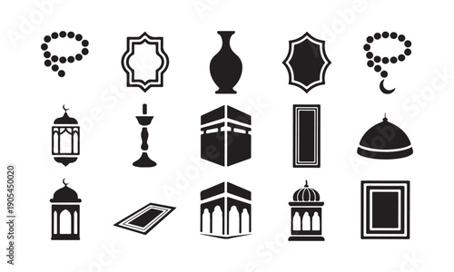 Various sacred Islamic symbols including prayer beads Kaaba lanterns and ornate frames depicted in black