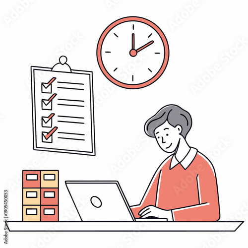 Business man and business woman working at office desks with computers and clocks showing time management in a simple cartoon style illustration