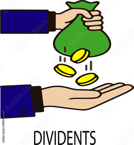 Person distributing dividends with hand holding money bag and coins