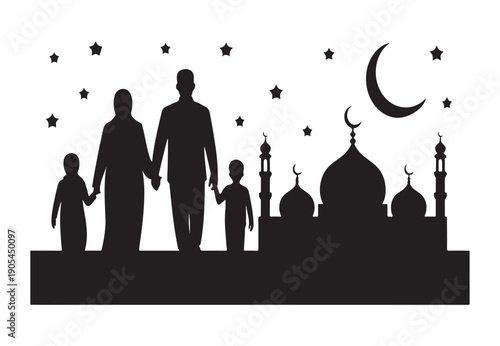 A black silhouette of a Muslim family with parents and two children holding hands near a mosque