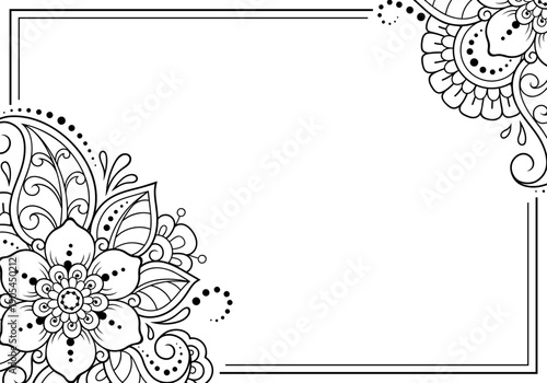 Frame in eastern tradition. Stylized with henna tattoos decorative pattern for decorating covers for book, notebook, casket, magazine, postcard and folder. Flower border in mehndi style.