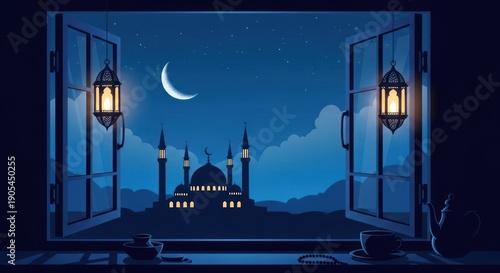 A serene night scene with a crescent moon, a mosque, and a cup of tea on a windowsill.