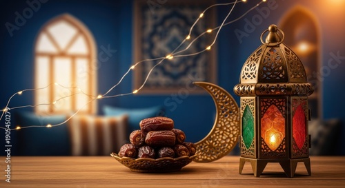 A traditional lantern with a crescent moon and dates on a wooden table in a dimly lit room with a blue and white color scheme.