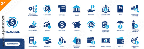 Financial icon. Containing bank, savings, payment, loss, wallet. Solid vector icon set.