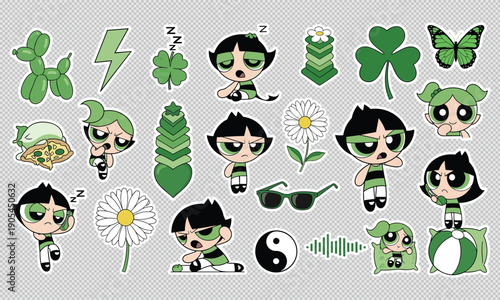 A collection of stickers featuring the powerpuff girls and green themed imagery on a gray background